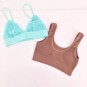 Aerie Mint Green Lace and Taupe Ribbed Bralette Duo Size Small